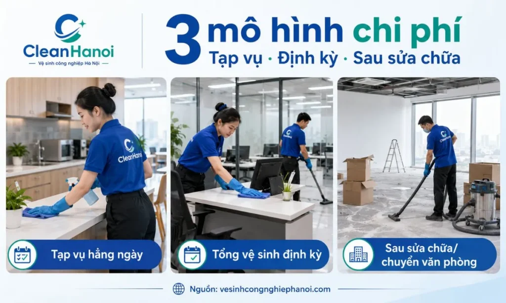 3 mô hình tính giá vệ sinh văn phòng gồm tạp vụ hằng ngày, tổng vệ sinh định kỳ và vệ sinh sau sửa chữa