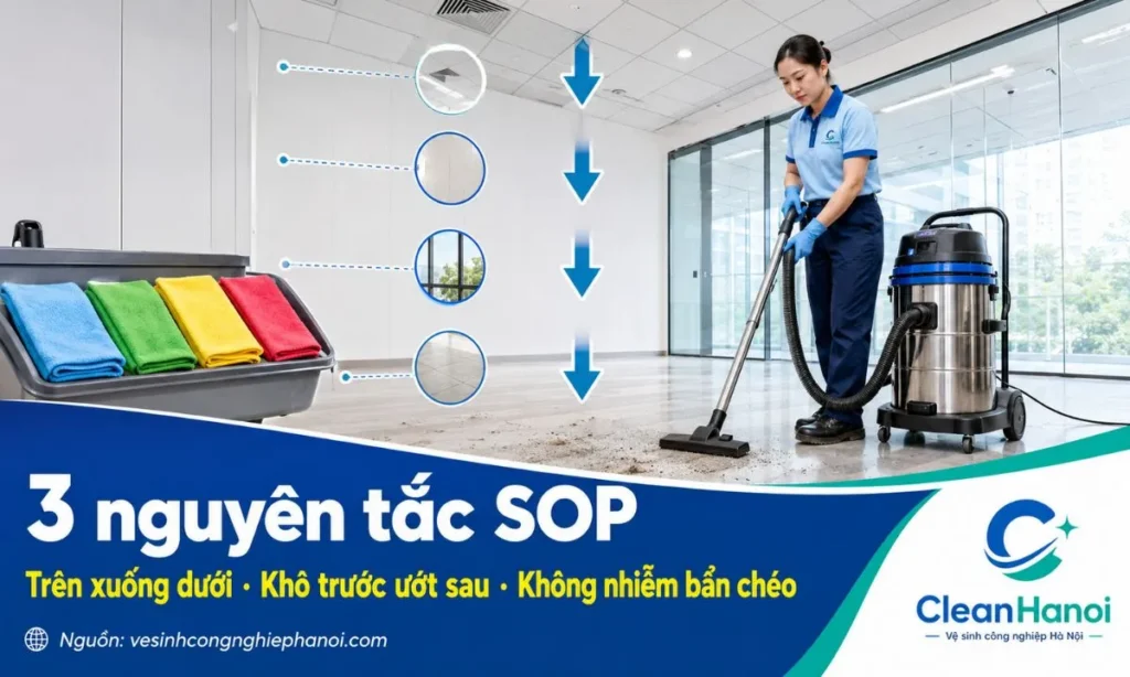 Hình ảnh minh họa 3 nguyên tắc quan trọng trong quy trình vệ sinh công nghiệp: làm từ trên xuống dưới, từ trong ra ngoài, xử lý khô trước ướt sau và ngăn nhiễm bẩn chéo bằng dụng cụ phân khu.