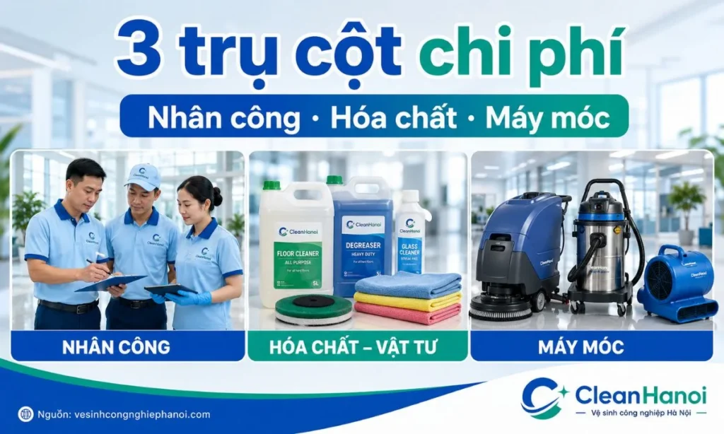 Hình ảnh minh họa 3 nhóm chi phí trực tiếp trong dự toán vệ sinh công nghiệp gồm định mức nhân công, định mức hóa chất vật tư tiêu hao và khấu hao máy móc thi công.