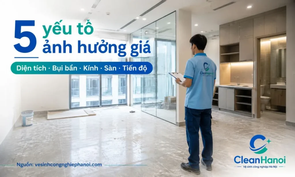 Hình ảnh minh họa các yếu tố ảnh hưởng đến báo giá vệ sinh sau xây dựng gồm diện tích công trình, mức độ bụi bẩn, số lượng kính, loại sàn và yêu cầu bàn giao.