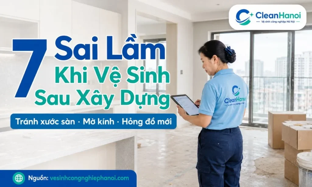 Hình ảnh minh họa các sai lầm thường gặp khi vệ sinh sau xây dựng cho nhà mới như làm sai quy trình, dùng sai dụng cụ, cạo mạnh, đổ nước thải sai chỗ và không che chắn đồ đạc.