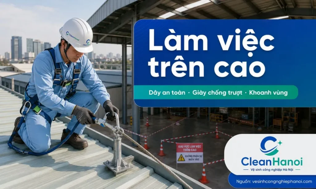 Hình ảnh minh họa các yếu tố an toàn khi vệ sinh mái tôn nhà xưởng như dây an toàn, mũ bảo hộ, giày chống trượt, điểm neo, khoanh vùng bên dưới và kiểm tra thời tiết.