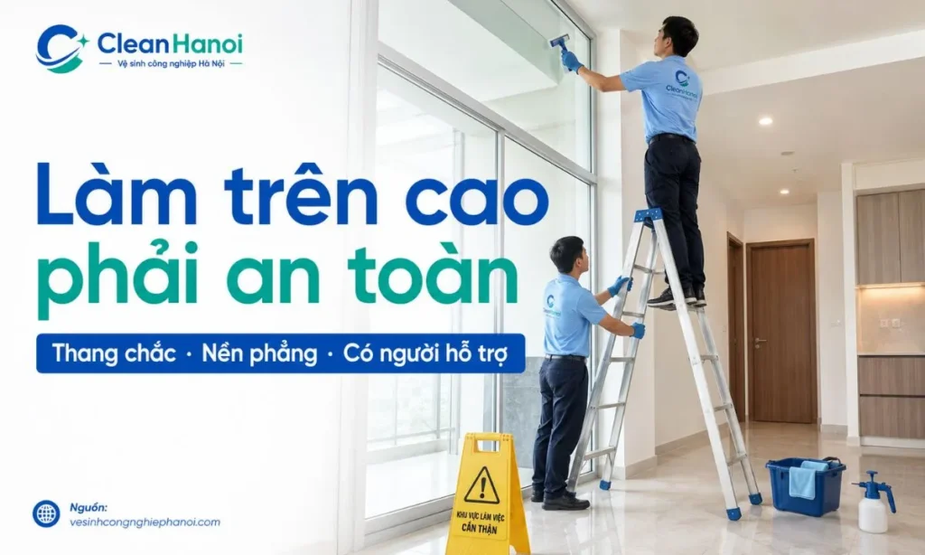 Hình ảnh minh họa lưu ý an toàn khi vệ sinh sau xây dựng ở vị trí cao như kính, trần, cầu thang, ban công, đèn và quạt trần bằng thang chắc chắn, nền phẳng và dụng cụ phù hợp.