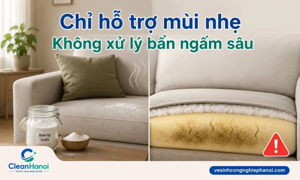 Baking soda có thể hỗ trợ giảm mùi nhẹ trên bề mặt sofa khô, nhưng không xử lý triệt để vết bẩn, mùi khai, mùi mốc hoặc chất lỏng đã ngấm sâu vào đệm mút.