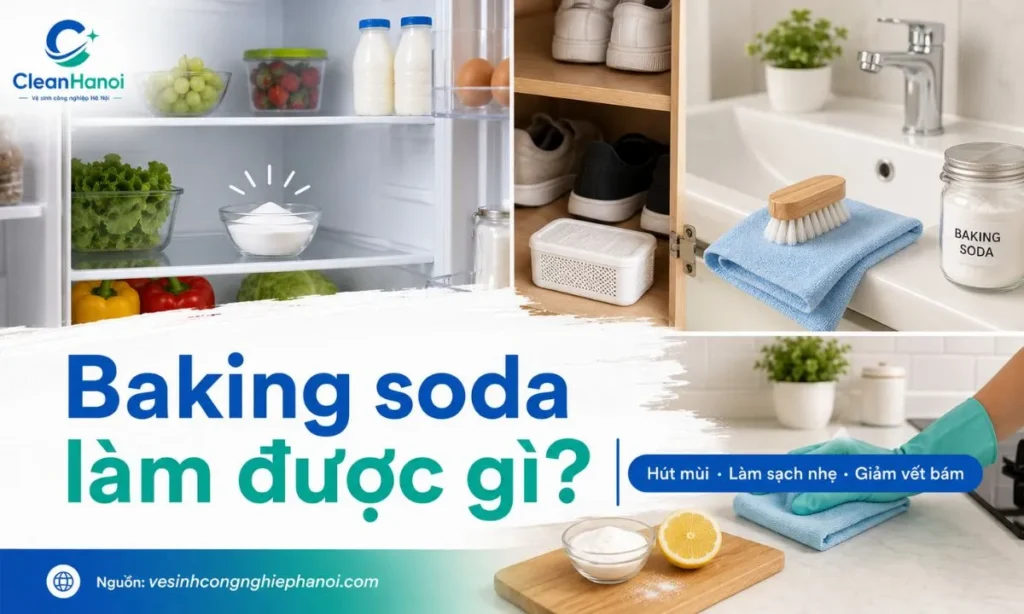 Hình ảnh minh họa các tác dụng phổ biến của baking soda trong vệ sinh như hút mùi tủ lạnh, khử mùi thùng rác, làm sạch nhà tắm và hỗ trợ xử lý vết bẩn nhẹ.