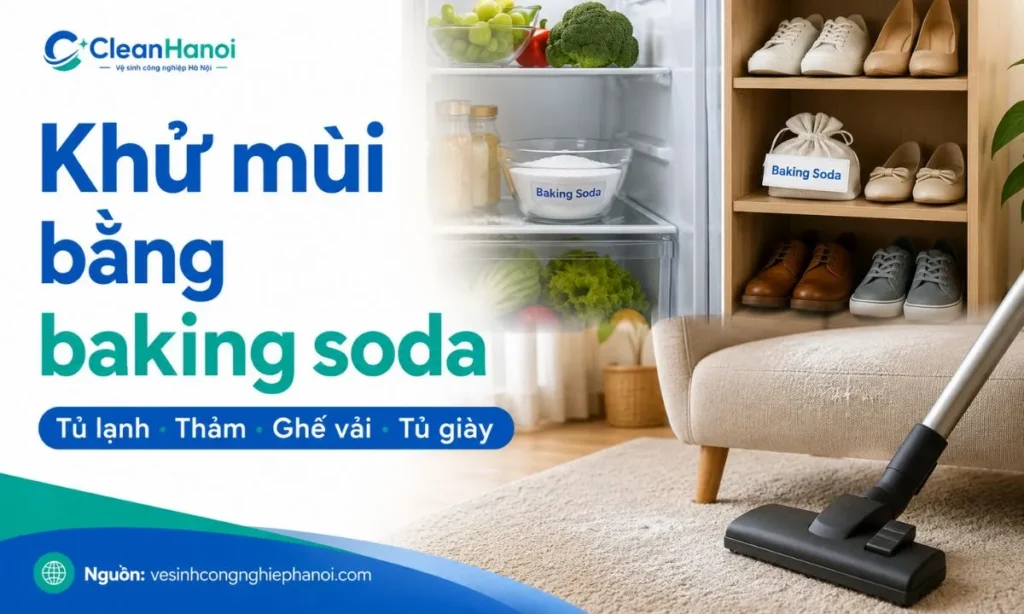 Hình ảnh minh họa cách dùng baking soda để hỗ trợ khử mùi nhẹ trong tủ lạnh, tủ giày, thùng rác, thảm và ghế vải, cần hút bụi kỹ sau khi rắc lên bề mặt vải.