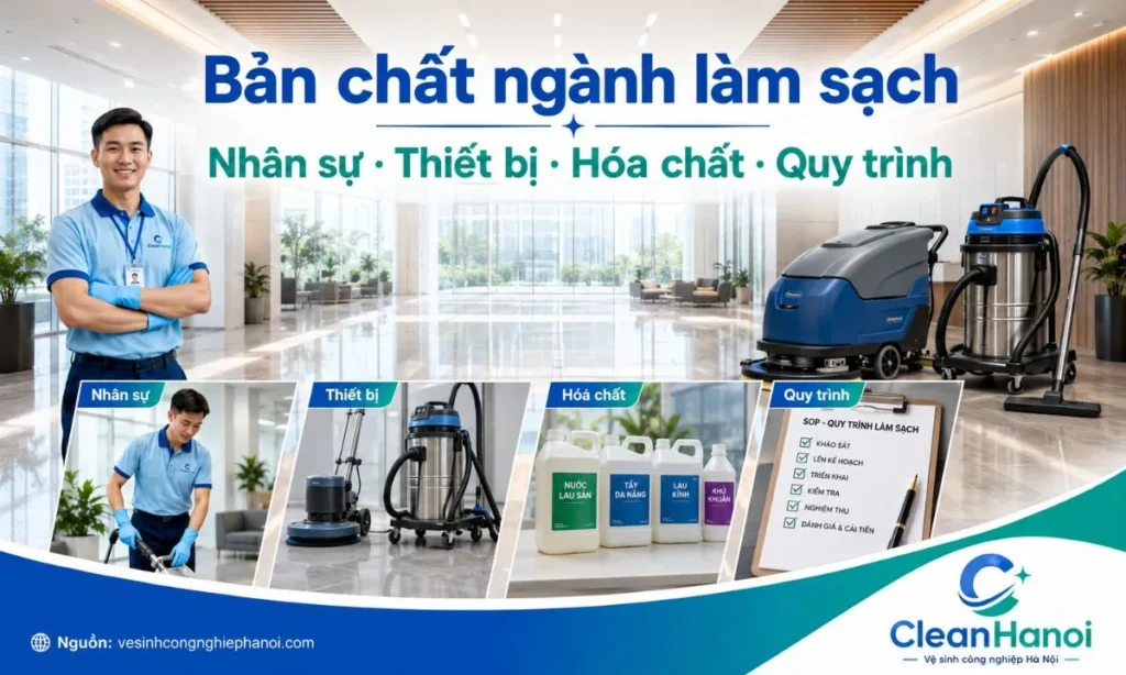 Hình ảnh minh họa bản chất của vệ sinh công nghiệp hiện đại gồm nhân sự được đào tạo, thiết bị cơ giới, hóa chất chuyên dụng, quy trình SOP và tiêu chuẩn bàn giao.