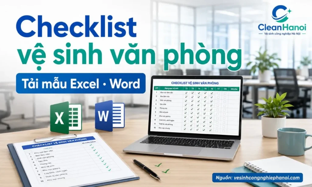 Mẫu checklist vệ sinh văn phòng dạng Excel và Word giúp theo dõi công việc hằng ngày, hằng tuần, hằng tháng, phân ca và kiểm tra chất lượng vệ sinh.