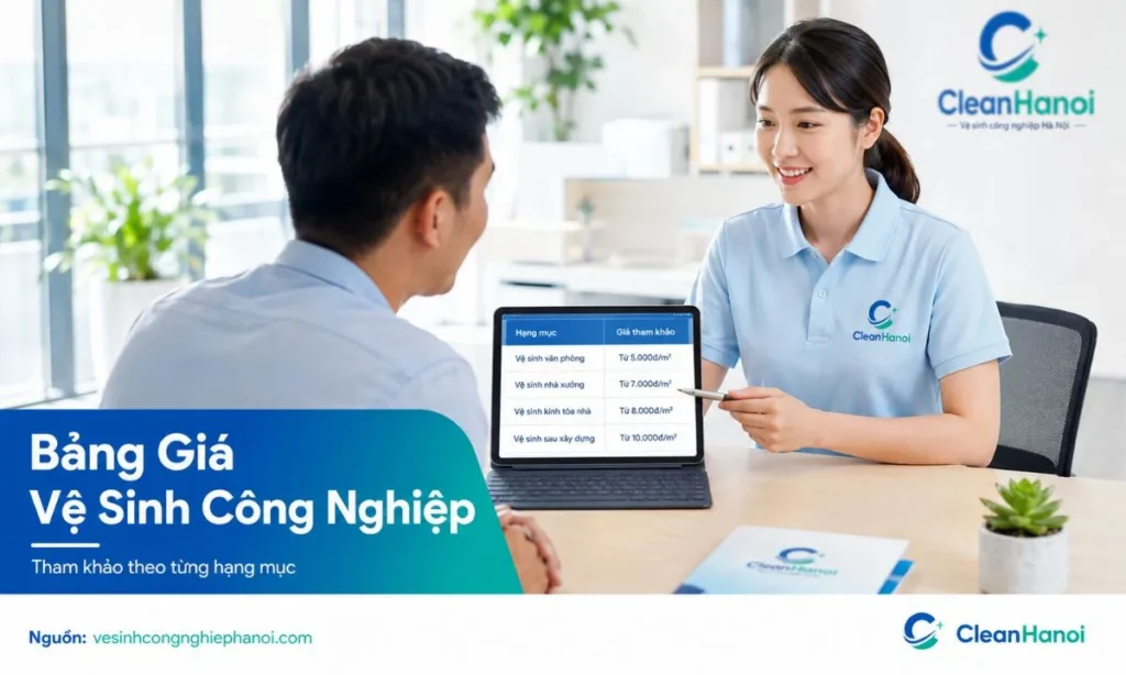 Bảng giá vệ sinh công nghiệp CleanHanoi tham khảo theo hạng mục như vệ sinh sau xây dựng, văn phòng, nhà xưởng, lau kính, chà sàn, giặt thảm, sofa và đệm.