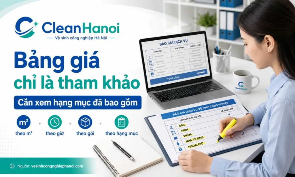 Bảng giá vệ sinh văn phòng tham khảo theo m², theo giờ, theo ca và theo hạng mục