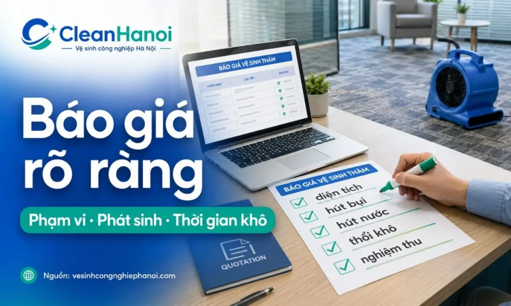 Báo giá giặt thảm cần rõ phạm vi, hạng mục, phát sinh và thời gian khô sau khi giặt