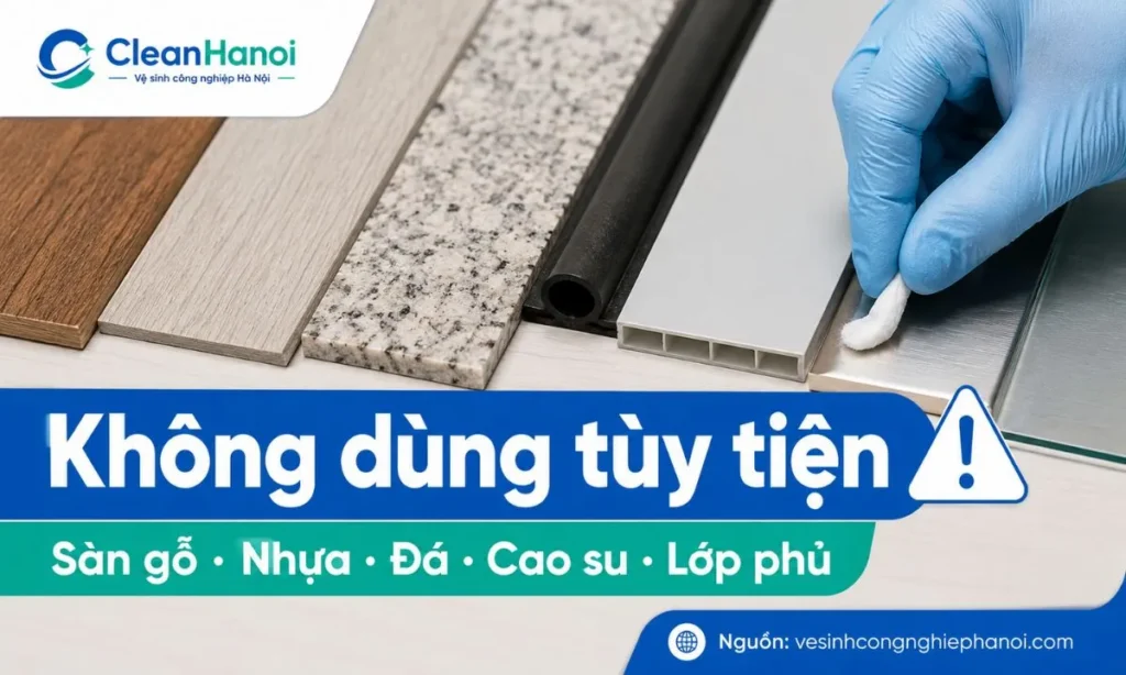 Hình ảnh minh họa các bề mặt dễ bị ảnh hưởng khi dùng xăng thơm như sàn gỗ, sàn nhựa, sàn vinyl, đá tự nhiên, nhựa, cao su, gioăng cửa và bề mặt sơn phủ.