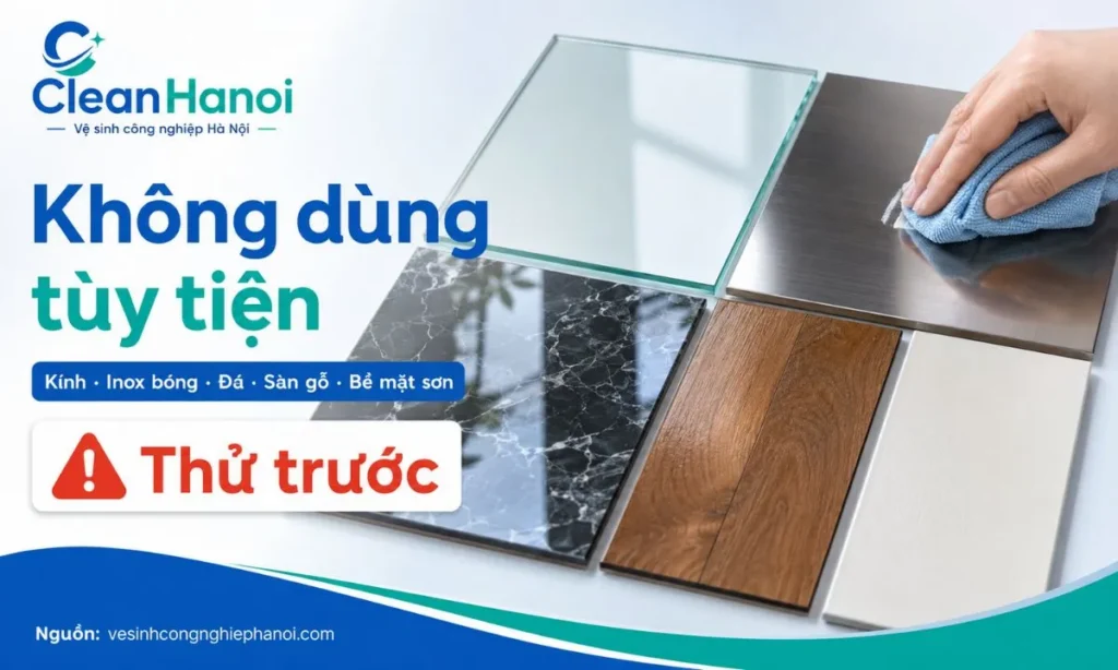 Hình ảnh cảnh báo các bề mặt cần thận trọng khi dùng baking soda như kính, inox bóng, đá tự nhiên, sàn gỗ, bề mặt sơn phủ, thảm và ghế vải.