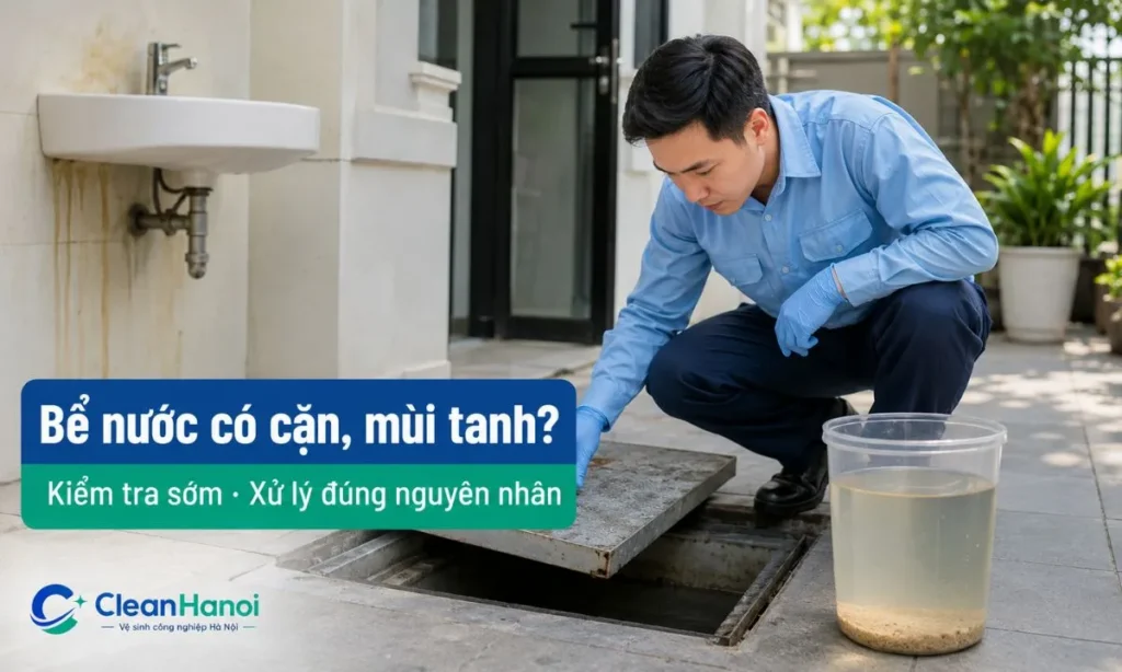 Bể nước ngầm có cặn, mùi tanh, nước vàng nhẹ hoặc vệt ố ở lavabo, bồn cầu có thể liên quan đến bùn cặn trong bể, đường ống cũ hoặc nguồn nước đầu vào không ổn định.