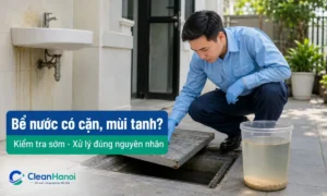 Bể nước ngầm có cặn, mùi tanh, nước vàng nhẹ hoặc vệt ố ở lavabo, bồn cầu có thể liên quan đến bùn cặn trong bể, đường ống cũ hoặc nguồn nước đầu vào không ổn định.