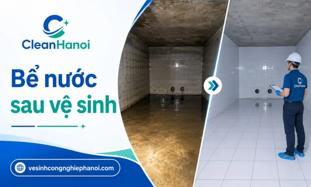 Ảnh kết quả sau khi CleanHanoi thau rửa bể nước ngầm, thể hiện bể sạch hơn, giảm cặn bẩn, bùn lắng, rong rêu và được kiểm tra trước khi bàn giao.
