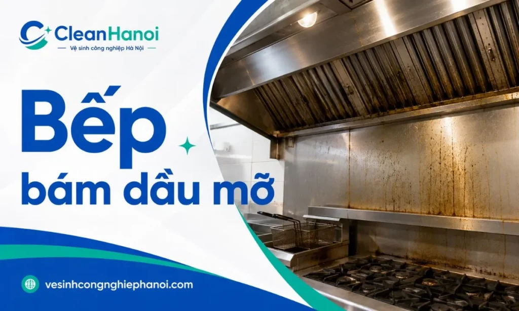 Ảnh thể hiện hiện trạng bếp công nghiệp bám dầu mỡ, có mùi, sàn trơn hoặc chụp hút khói cần được vệ sinh định kỳ.