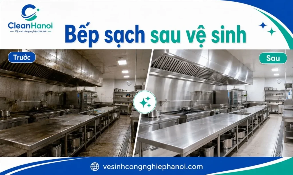 Ảnh kết quả sau khi CleanHanoi vệ sinh bếp công nghiệp, thể hiện chụp hút, bàn inox, sàn, tường và khu vực quanh bếp sạch hơn, gọn hơn sau xử lý dầu mỡ.