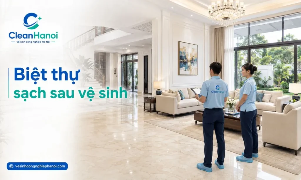 Ảnh kết quả sau khi CleanHanoi vệ sinh biệt thự, thể hiện không gian sạch gọn, sàn sáng hơn, kính và nội thất được làm sạch theo phạm vi đã thống nhất.