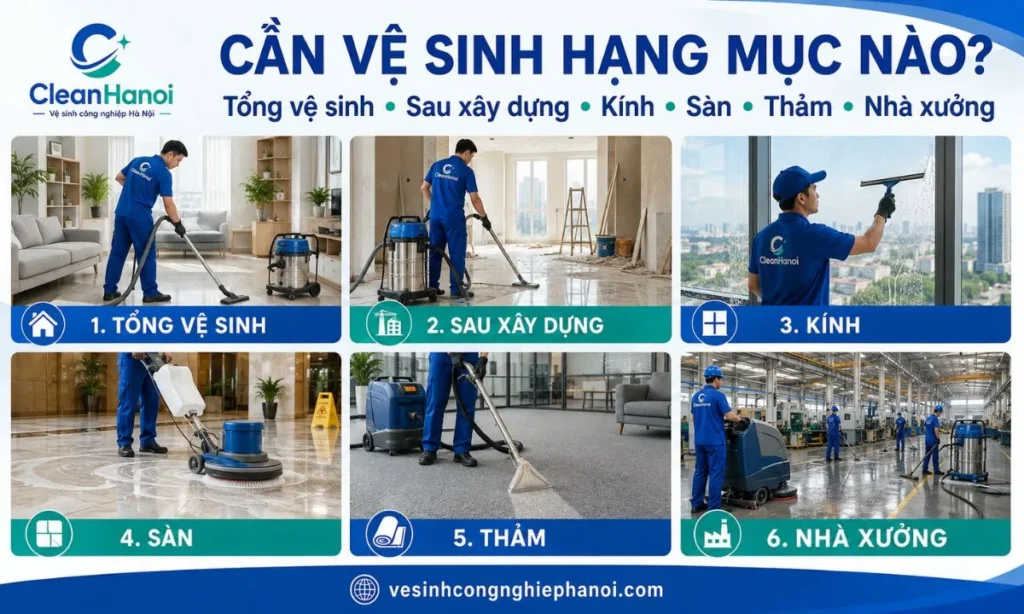 Các hạng mục tổng vệ sinh lau kính chà sàn và vệ sinh sau xây dựng