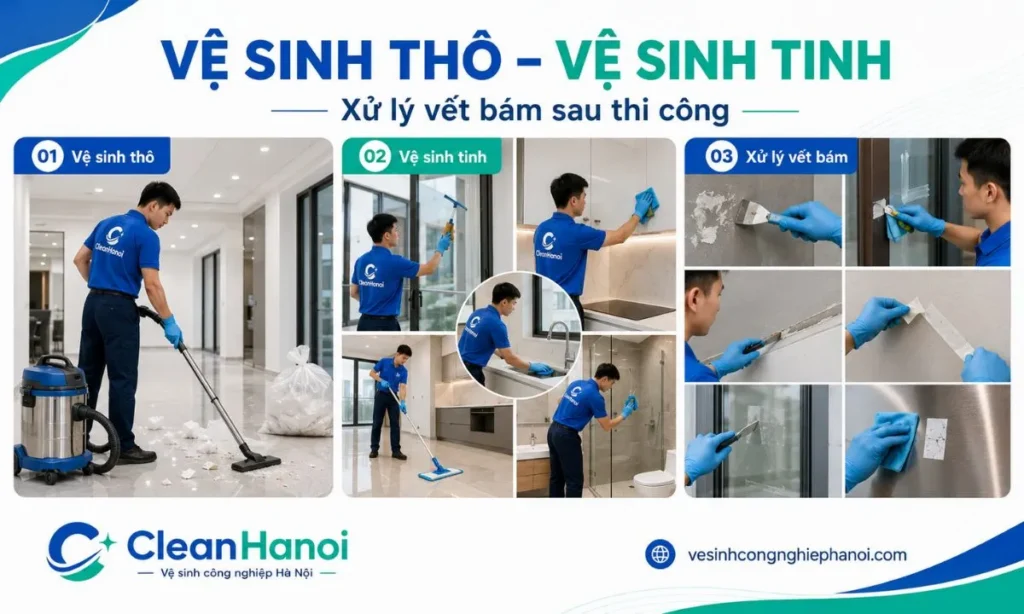 Các công việc gồm thu gom rác nhẹ, hút bụi, làm sạch chi tiết và xử lý xi măng, sơn, keo theo bề mặt.