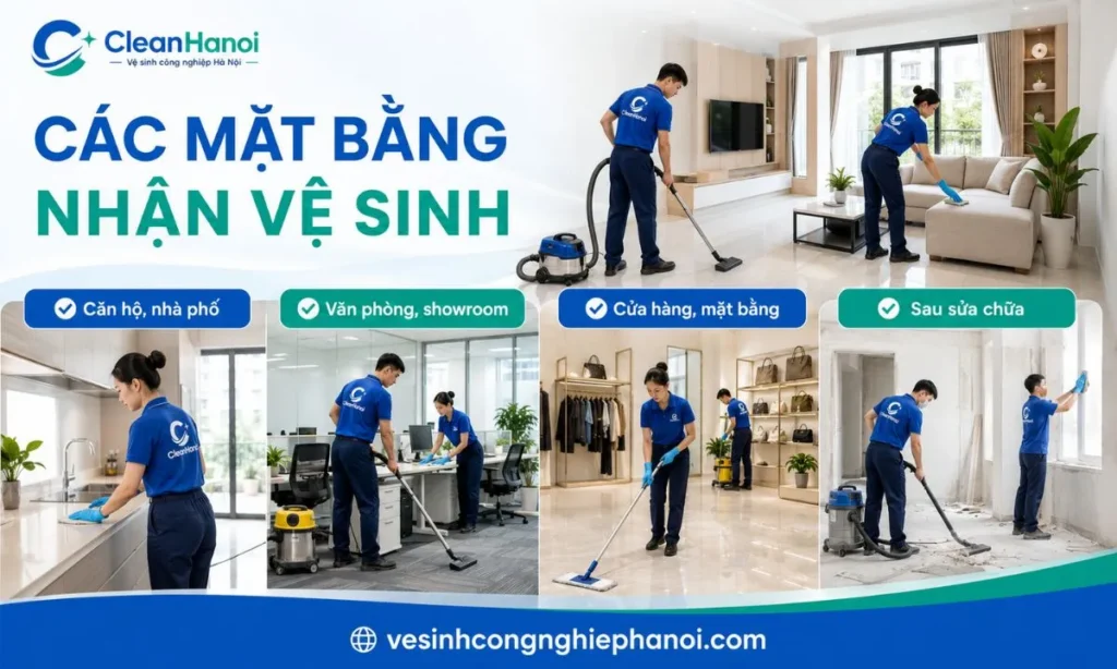 Các loại mặt bằng nhận vệ sinh gồm căn hộ, văn phòng, showroom và mặt bằng sau sửa chữa