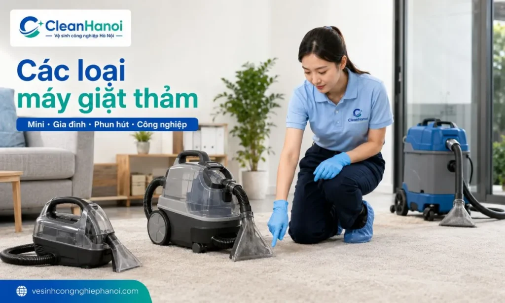 Tổng quan các loại máy giặt thảm phổ biến như máy giặt thảm mini, máy cầm tay, máy gia đình, máy phun hút và máy giặt thảm công nghiệp, cùng cách chọn theo diện tích và mức độ bẩn của thảm.