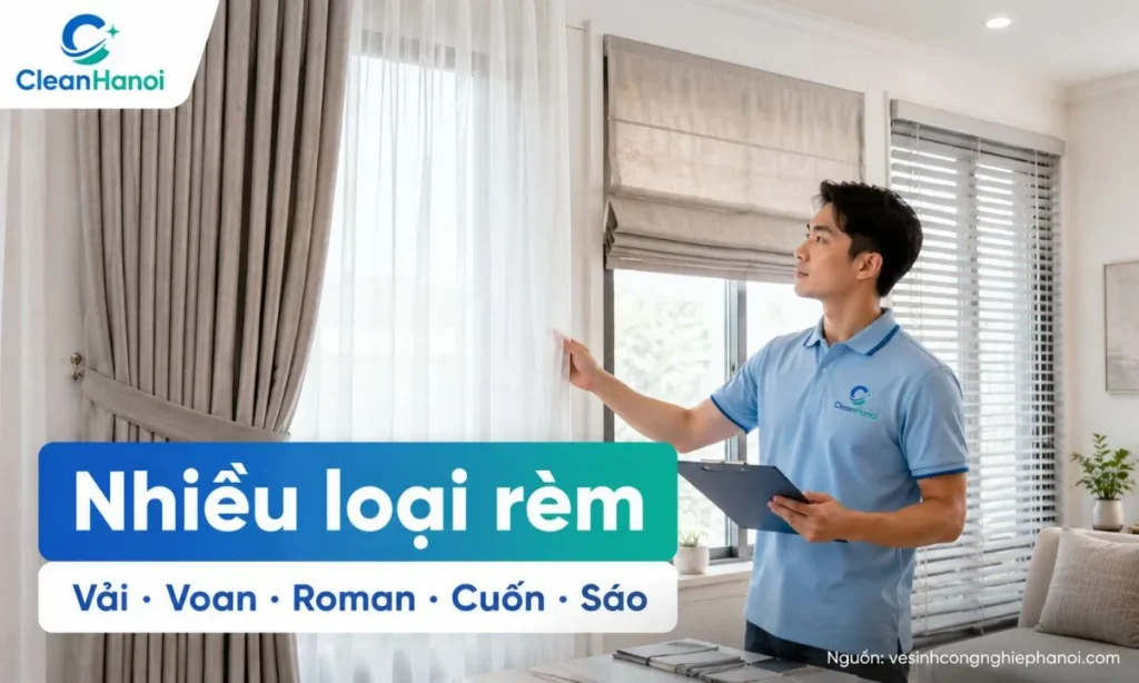 CleanHanoi nhận giặt và vệ sinh nhiều loại rèm như rèm vải, rèm voan, rèm 2 lớp, rèm roman, rèm cuốn, rèm cầu vồng, rèm sáo và rèm văn phòng.
