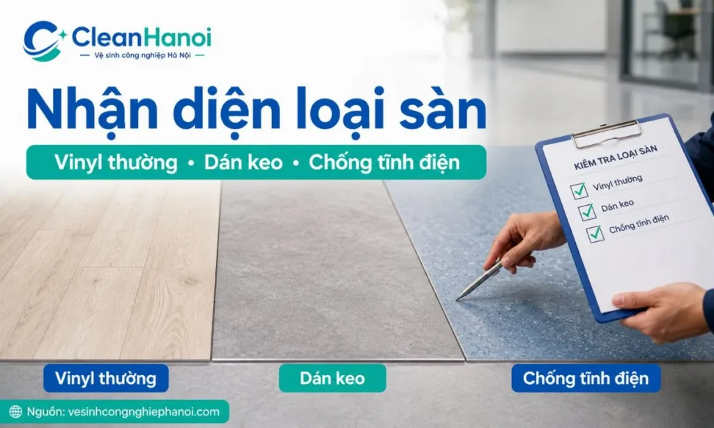Hình ảnh minh họa các loại sàn vinyl thường gặp như sàn vinyl đồng nhất, không đồng nhất, chống tĩnh điện và sàn vinyl dán keo để chọn đúng cách vệ sinh, hóa chất và pad chà.