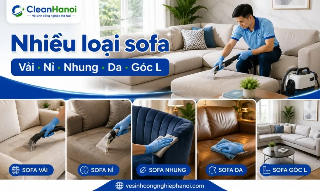 CleanHanoi nhận vệ sinh sofa vải, sofa nỉ, sofa nhung, sofa da, sofa góc chữ L, ghế đôn và sofa văn phòng tại Cầu Giấy.