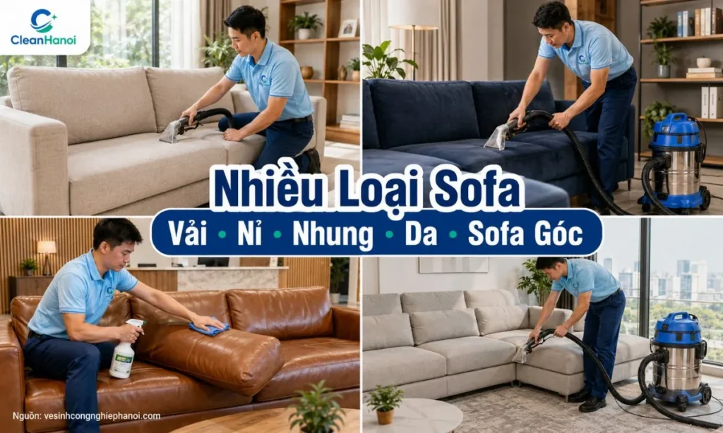 Hình ảnh minh họa các loại sofa CleanHanoi nhận giặt tại Long Biên như sofa vải, nỉ, nhung, da, sofa góc chữ L và ghế đôn.