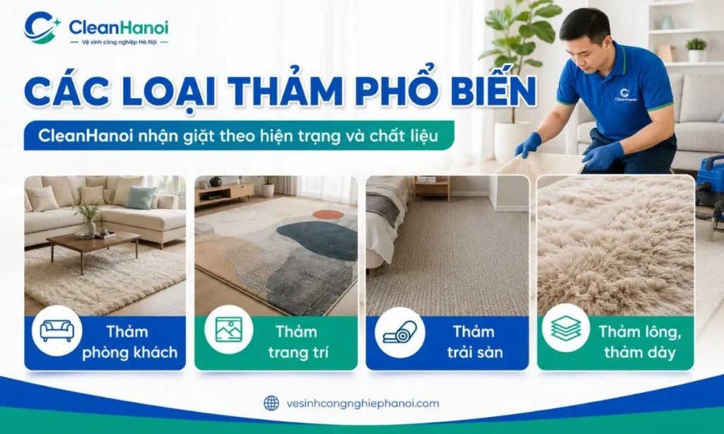 Các loại thảm phổ biến như thảm phòng khách, thảm trang trí và thảm trải sàn CleanHanoi nhận giặt