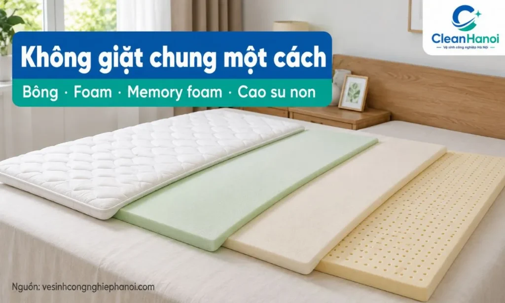 CleanHanoi kiểm tra chất liệu topper như bông, foam, memory foam, cao su non, lông vũ hoặc vỏ topper tháo rời để tư vấn cách vệ sinh phù hợp.