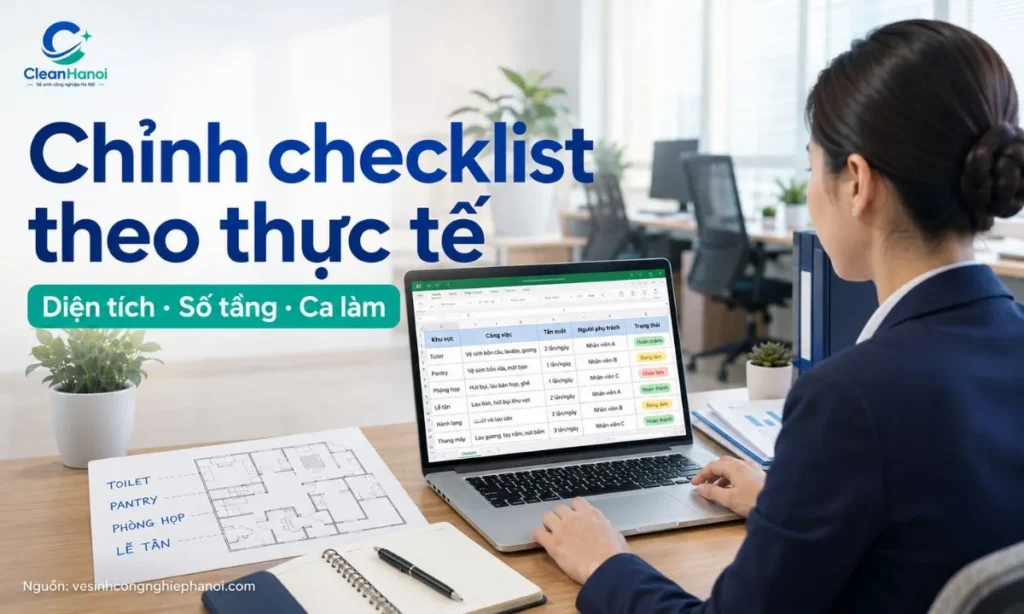 Checklist vệ sinh văn phòng nên được chỉnh theo diện tích, số tầng, số nhân sự, số toilet, pantry, ca làm và các hạng mục như thảm, rèm, ghế nỉ.