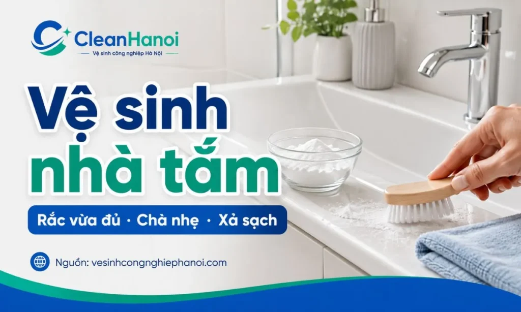 Hình ảnh minh họa cách dùng baking soda để vệ sinh nhà tắm, bồn cầu và nền nhà vệ sinh với lượng vừa phải, bàn chải mềm, xả sạch và lau khô sau khi làm.