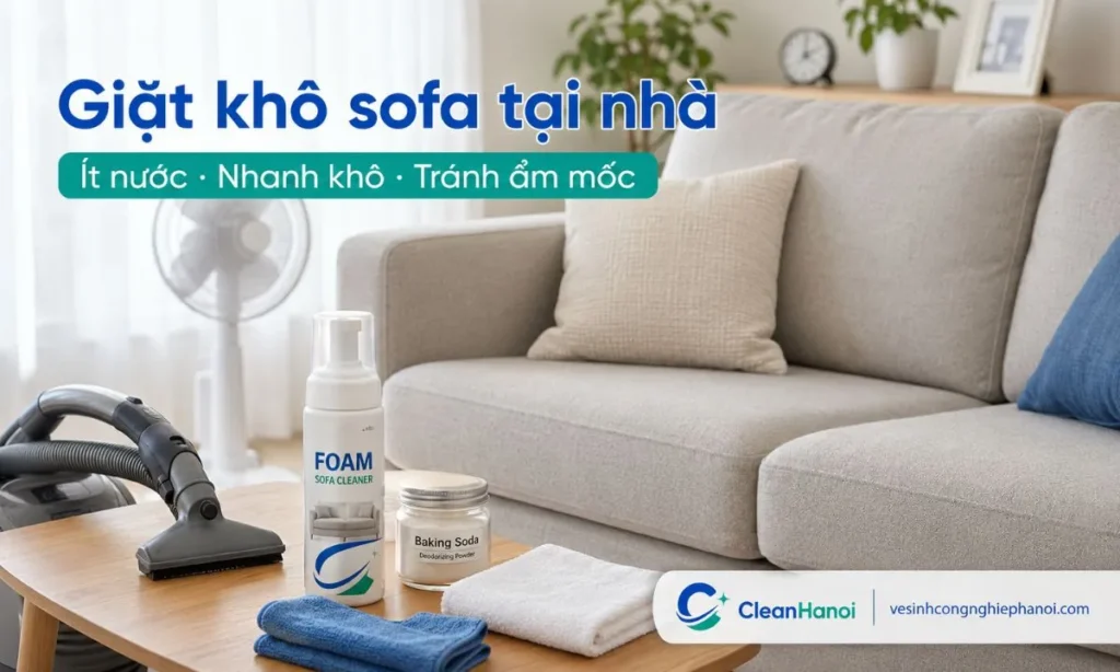Hướng dẫn cách giặt khô ghế sofa tại nhà bằng phương pháp ít nước, hút bụi kỹ, dùng foam hoặc bột hút mùi đúng cách, thấm khô và làm khô bằng quạt để hạn chế ẩm mốc.