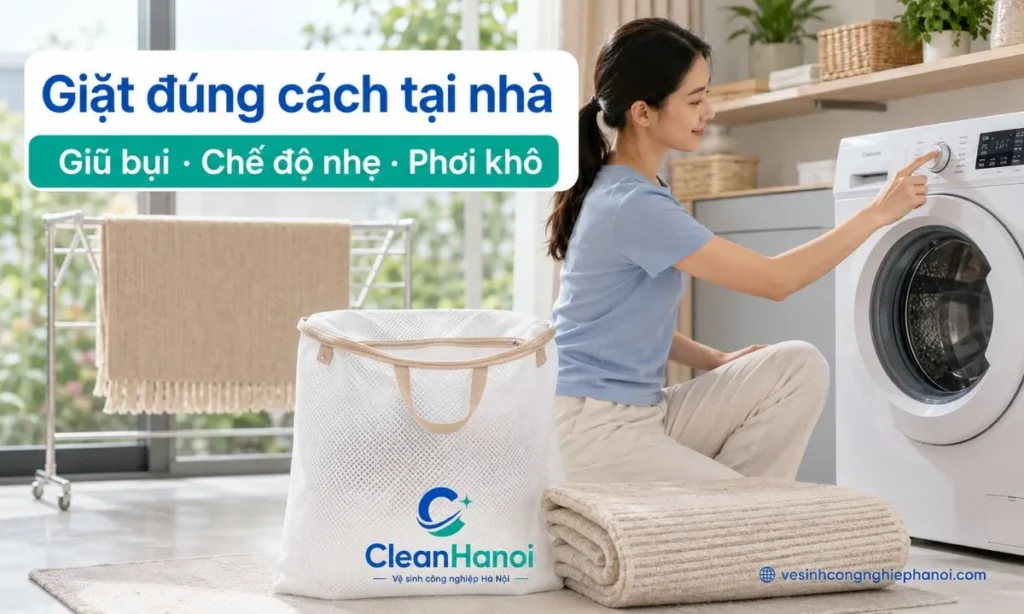 Cách giặt thảm bằng máy giặt an toàn gồm giũ sạch bụi cát, xử lý sơ vết bẩn, không giặt chung quần áo, chọn chế độ nhẹ, dùng nước lạnh hoặc nước thường và phơi thảm thật khô.