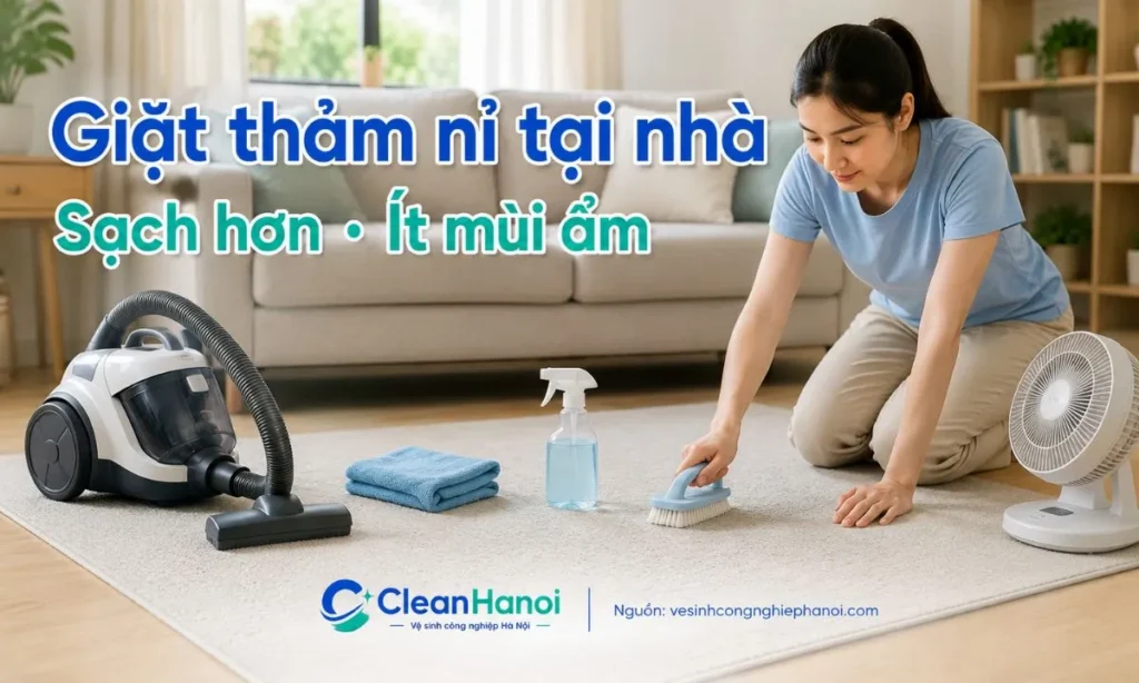 Hướng dẫn cách giặt thảm nỉ tại nhà bằng cách hút bụi, xử lý vết bẩn theo điểm, làm ẩm vừa đủ, thấm khô và hong thảm ở nơi thoáng để hạn chế mùi hôi ẩm.