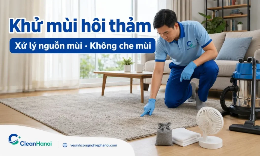 Hướng dẫn cách khử mùi hôi thảm do ẩm mốc, nước tiểu thú cưng, thức ăn, đồ uống, bụi bẩn lâu ngày hoặc thảm chưa khô kỹ bằng cách xác định nguồn mùi, hút bụi, xử lý vùng bẩn và làm khô thảm.