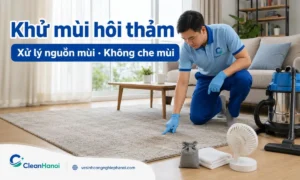 Hướng dẫn cách khử mùi hôi thảm do ẩm mốc, nước tiểu thú cưng, thức ăn, đồ uống, bụi bẩn lâu ngày hoặc thảm chưa khô kỹ bằng cách xác định nguồn mùi, hút bụi, xử lý vùng bẩn và làm khô thảm.