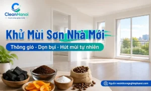 Hình ảnh minh họa cách khử mùi sơn nhà mới xây bằng cách mở cửa thông gió, dọn sạch bụi mịn sau thi công và đặt nguyên liệu tự nhiên hỗ trợ hút mùi.