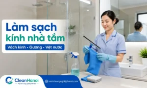 Hướng dẫn cách làm sạch kính nhà tắm, vách kính và gương bị mờ do hơi nước, cặn xà phòng, dầu gội, sữa tắm, vệt nước khô bằng khăn microfiber, dung dịch phù hợp và gạt kính.
