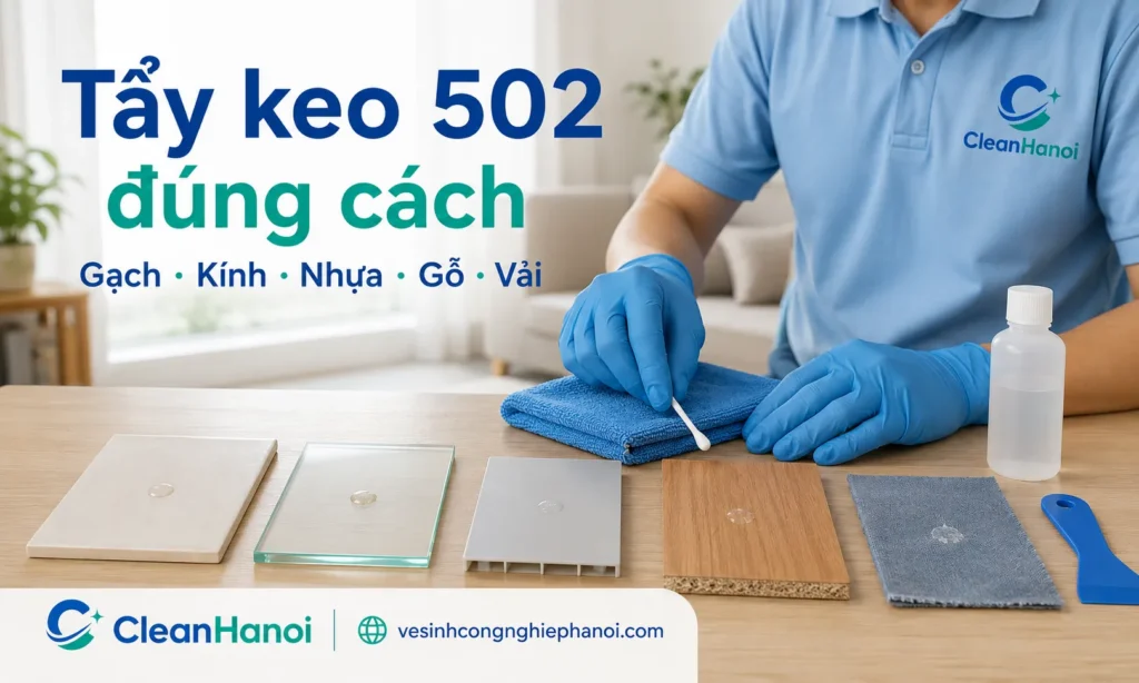 Hướng dẫn cách tẩy keo 502 trên gạch, kính, nhựa, gỗ, vải, đồ nội thất và sàn nhà bằng cách xác định bề mặt, gỡ keo nổi bằng dụng cụ không xước, thử dung môi ở góc khuất và lau từng lớp nhỏ.