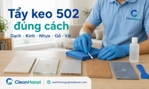 Hướng dẫn cách tẩy keo 502 trên gạch, kính, nhựa, gỗ, vải, đồ nội thất và sàn nhà bằng cách xác định bề mặt, gỡ keo nổi bằng dụng cụ không xước, thử dung môi ở góc khuất và lau từng lớp nhỏ.