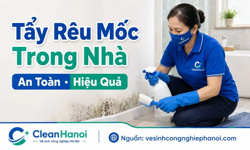 Hình ảnh minh họa cách tẩy rêu mốc trong nhà tại các vị trí như tường ẩm, chân tường, nhà tắm, sàn gạch, ban công, kính, inox và thiết bị vệ sinh.