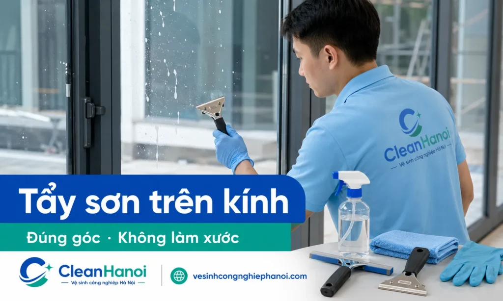 Hướng dẫn cách tẩy sơn trên kính, cửa kính, vách kính sau thi công bằng cách làm sạch bụi trước, làm ẩm vết sơn, dùng dao cạo kính đúng góc và lau lại bằng khăn microfiber để hạn chế xước kính.