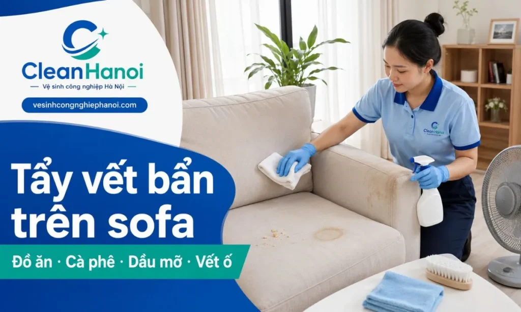 Hướng dẫn cách tẩy vết bẩn trên ghế sofa do đồ ăn, cà phê, trà, nước ngọt, dầu mỡ, bụi bẩn và vết ố lâu ngày bằng cách thấm trước, không chà loang, thử dung dịch và làm khô sofa sau khi vệ sinh.