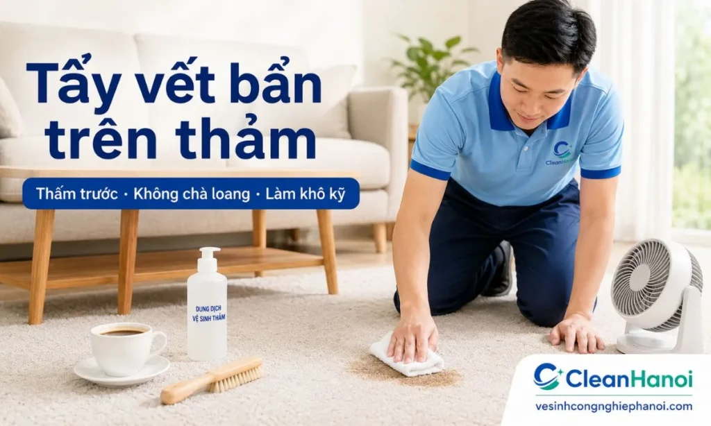 Hướng dẫn cách tẩy vết bẩn trên thảm như cà phê, trà, nước ngọt, dầu mỡ, mực, bùn đất, nước tiểu thú cưng và vết ố lâu ngày bằng nguyên tắc thấm trước, không chà loang, thử dung dịch và làm khô kỹ.