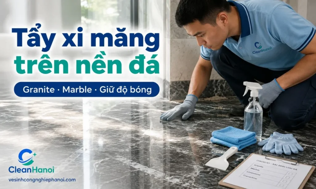Hướng dẫn cách tẩy xi măng, vữa, nước xi măng và vệt trắng trên nền đá hoa cương, granite, marble sau xây dựng bằng cách xử lý nhẹ, thử trước ở góc nhỏ và tránh hóa chất axit mạnh.