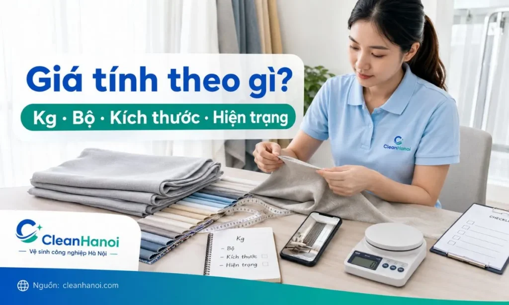 Giá giặt rèm tại nhà có thể tính theo kg, theo bộ, theo kích thước hoặc theo hiện trạng tùy rèm vải, rèm voan, rèm cao su, rèm cản sáng, rèm cuốn, rèm cầu vồng và rèm roman.